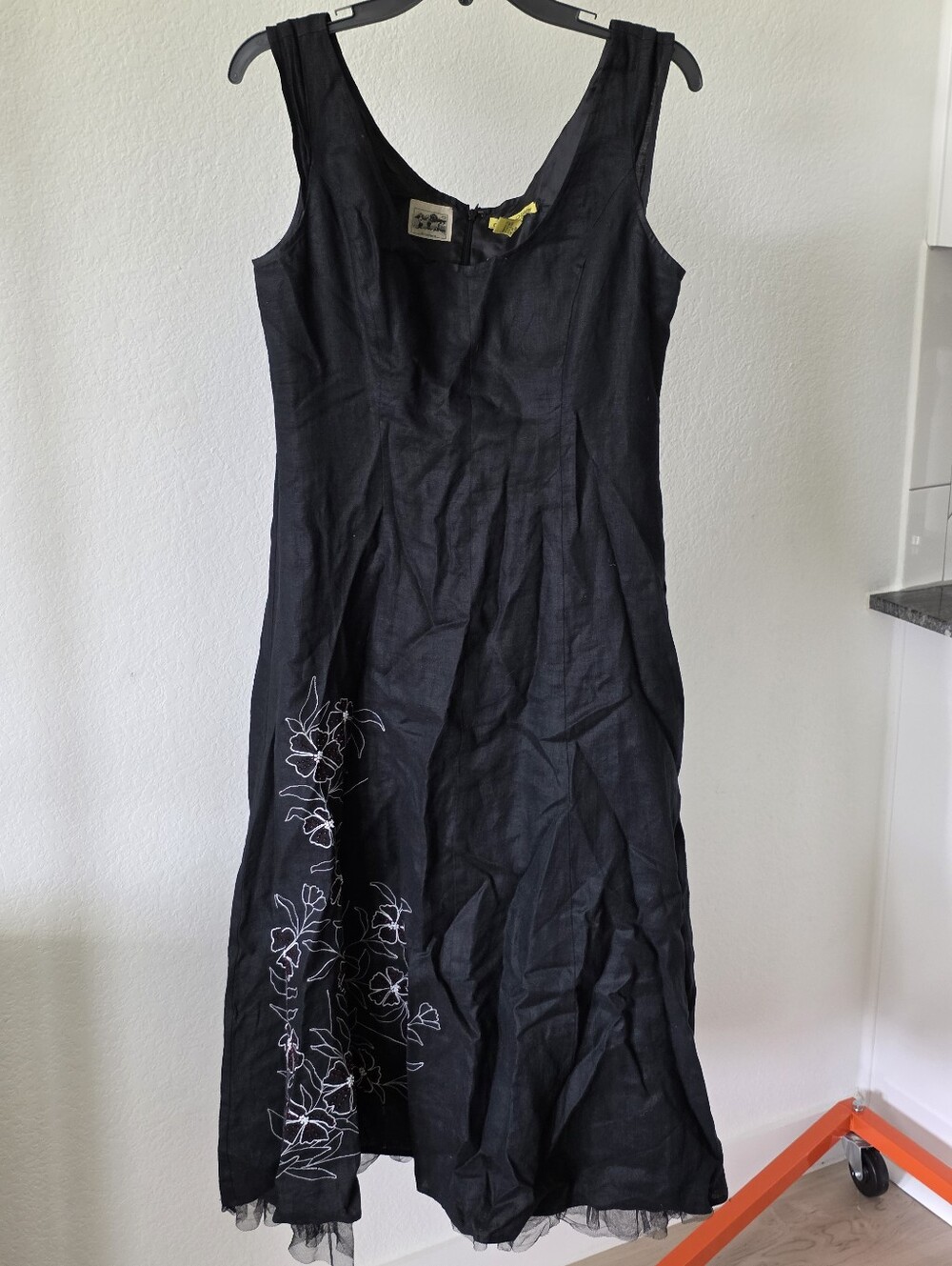 Nikki Valentine Size 8 Black 100% Irish Linen Floral Embroidered Maxi Dress Goth